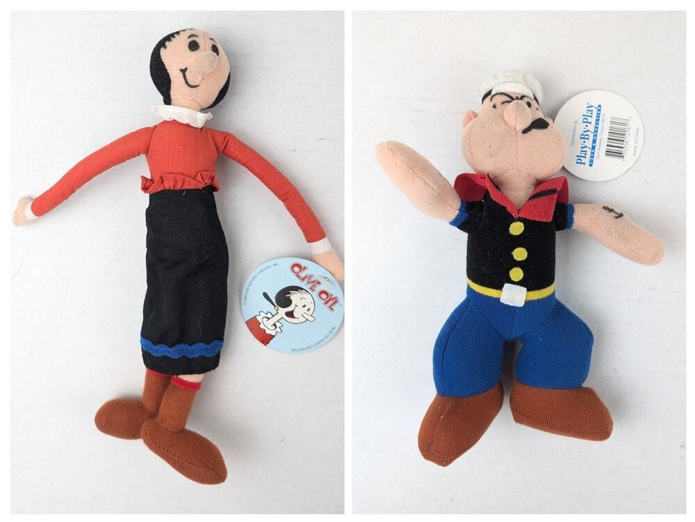 Vintage POPEYE 9' & OLIVE OYL 9.5” Plush Dolls, Play by Play 1992 Tags Attached
